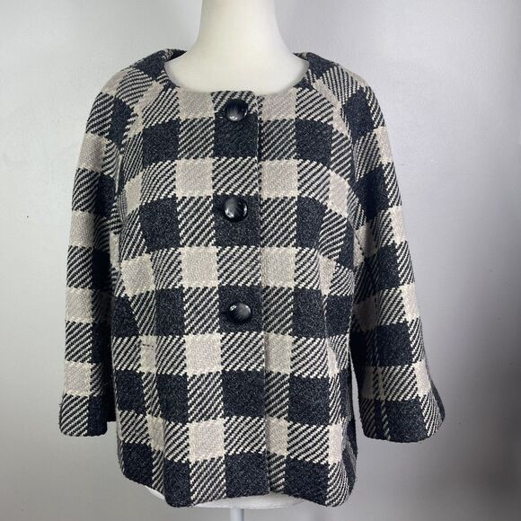 Talbots Wool Blend Blazer Italian Fabric 14P Gingham Plaid Cropped Careerwear - Picture 2 of 13